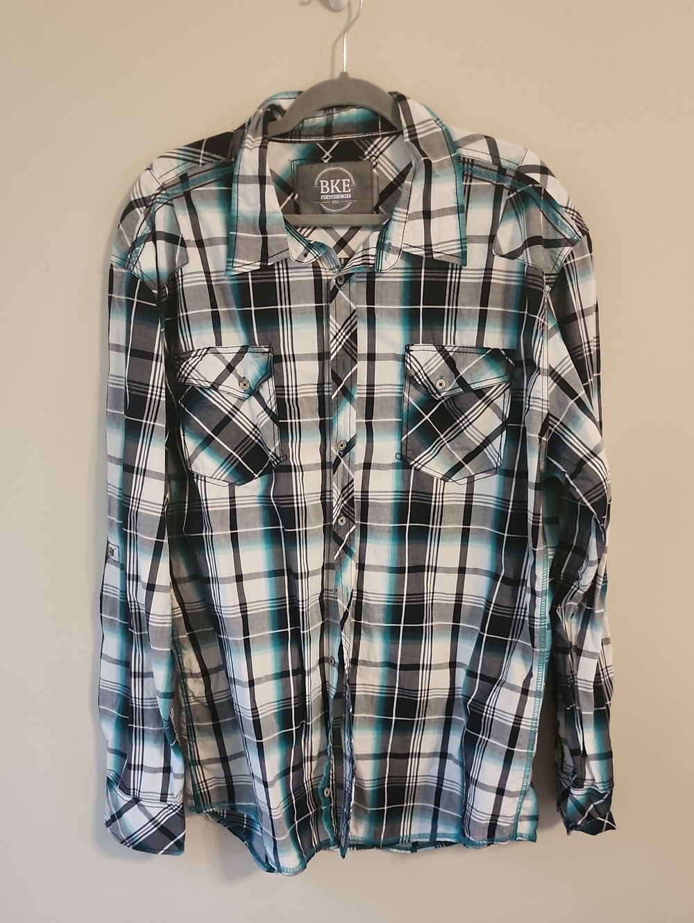 BKE Plaid Shirt in Teal, Black & White